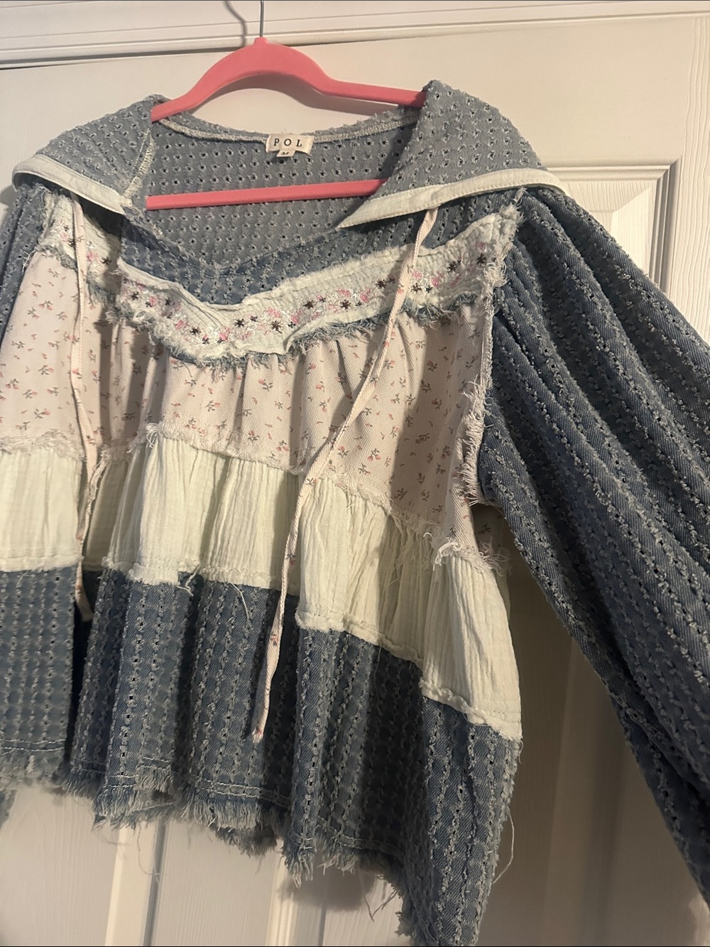 POL Patchwork Peasant Top in Dusty Blue & Cream - Picture 4 of 7